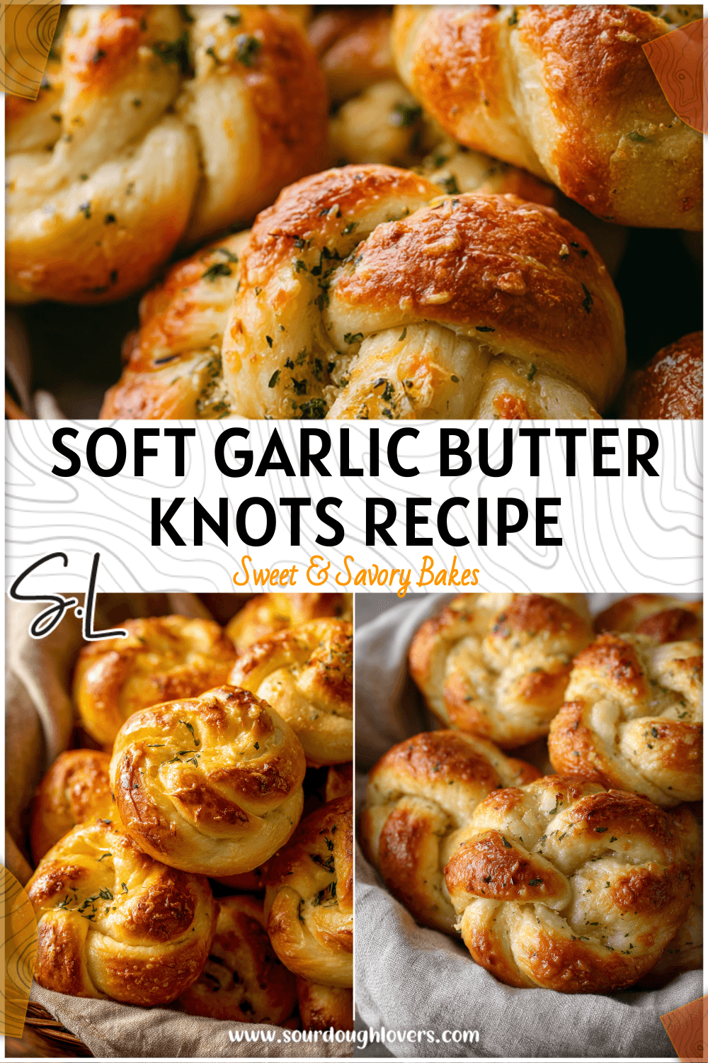 Golden garlic butter sourdough knots arranged in a basket showing soft pull apart texture.